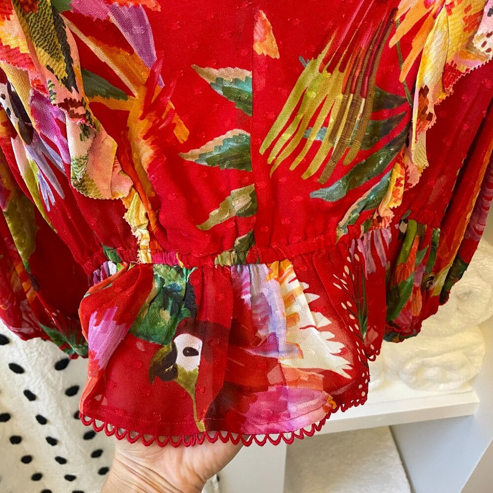FARM Rio Red Tropical Ruffled V-Neck Blouse - Picture 11 of 11